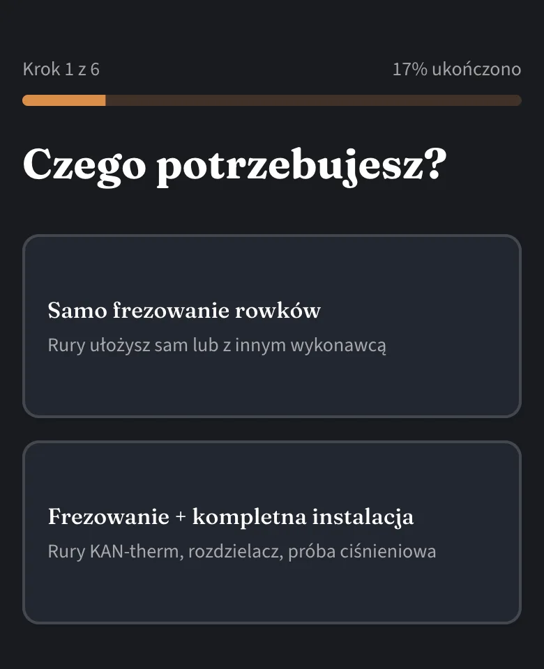 Pierwsze pytanie kalkulatora wstępnych wycen na telefonie, strona jednego z klientów